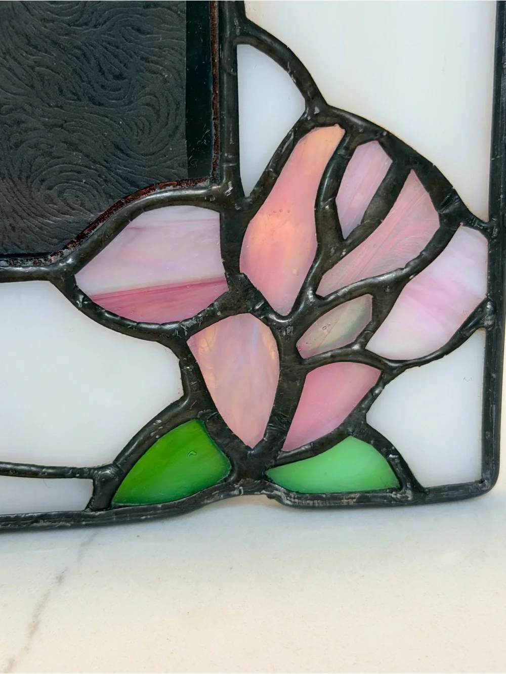 Vintage Pink and White Stained Glass Floral Picture Frame